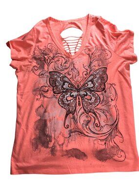 Glitter Butterfly Graphic Coral Cutout V-Neck T-Shirt*Womens Short Sleeve Top*XL